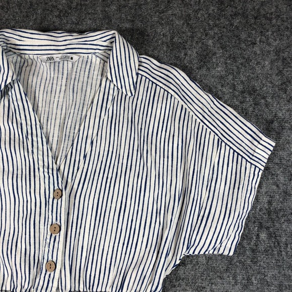 Zara Women's Romper Size Small White Blue Stripe Linen Blend Button Front - Picture 11 of 16